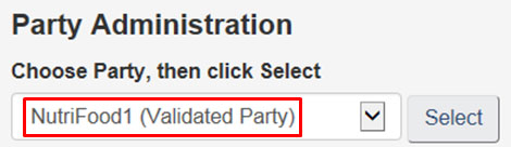 screen capture of the My CFIA Party Administration box, active party circled in red