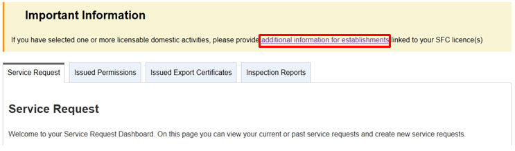 Screen capture of Service Request section of My CFIA dashboard. Description follows