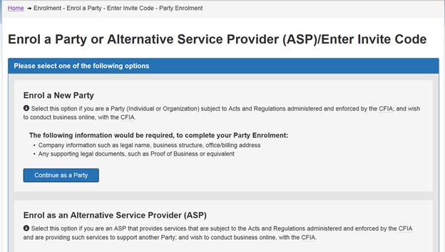 Screen capture of the Enrol a Party or Alternative Service Provider (ASP)/Enter Invite Code screen.