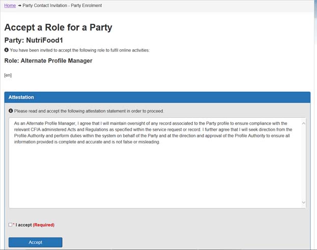 Screen capture of Accept a Role for a Party - Attestation screen. Description follows.