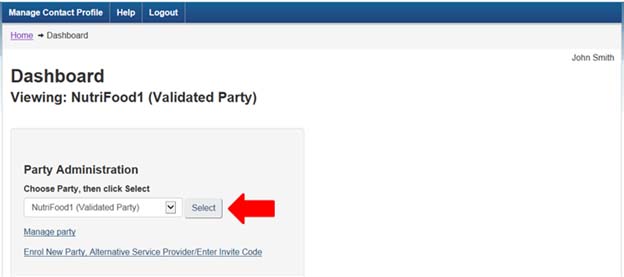 Screen capture of the My CFIA dashboard page, showing how to select the correct party from the drop down list.