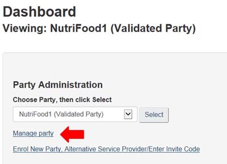 Screen capture of the My CFIA dashboard page, showing how to select Manage Party.