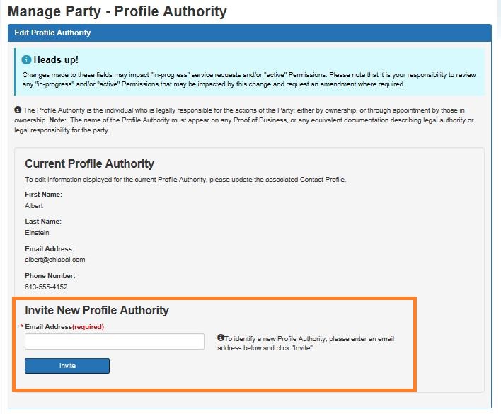Screen capture of the Manage Party – Edit Profile Authority screen with the Invite New Profile Authority section circled. Description follows.
