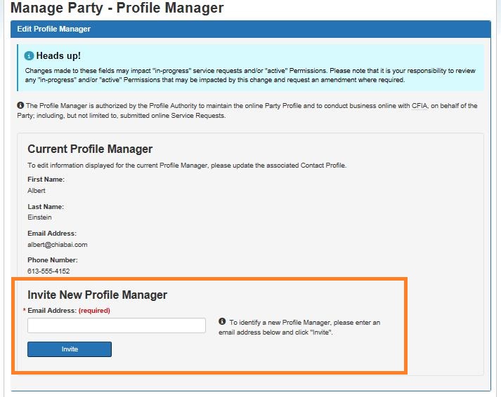 Screen capture of the Manage Party – Edit Profile Manager screen with the Invite New Profile Manager section circled. Description follows.