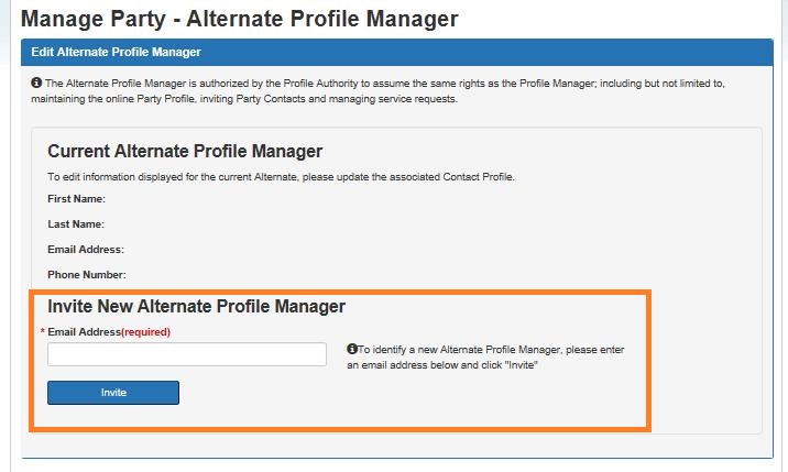 Screen capture of the Manage Party – Edit Alternate Profile Manager screen with the Invite new Alternate Profile Manage section circled. Description follows.