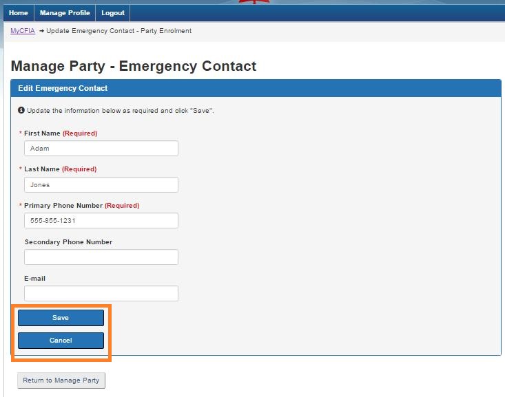Screen capture of the Manage Party –Emergency Contact screen with the Save and Cancel buttons circled. Description follows.