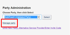 Screen capture of the Party Administration drop-down menu on the My CFIA dashboard. Description follows.