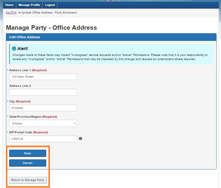Screen capture of the Manage Party: Edit Office Address screen. Description follows.