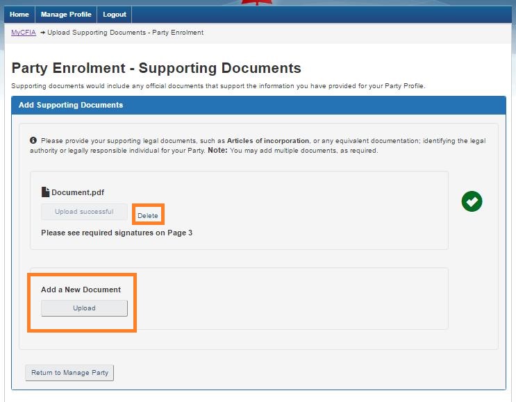 Screen capture of the Party Enrolment – Supporting Documents screen with the Delete link and Add a New Document Upload button circled