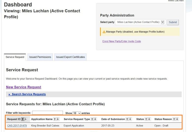 Screen capture of the dashboard with the Service Requests table circled. Description follows.