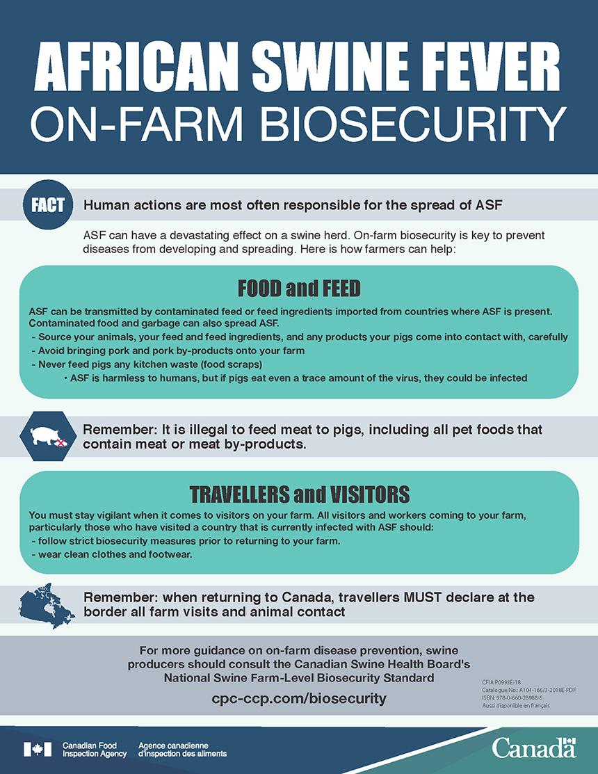 Description of infographic - African swine fever on-farm biosecurity. Description follows.