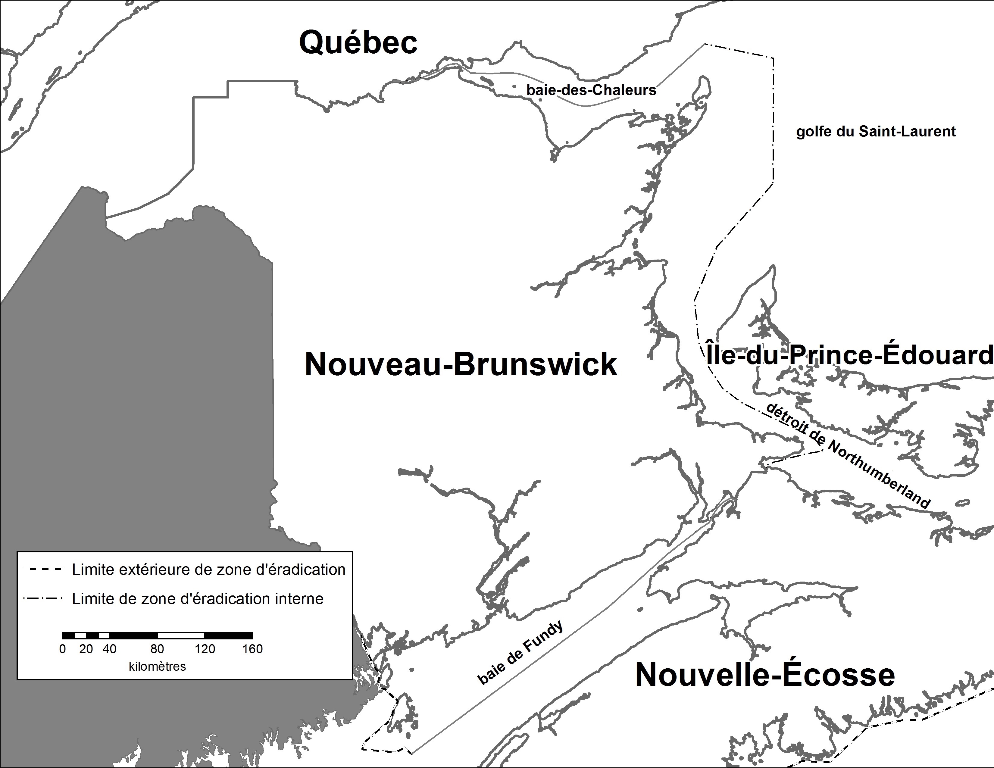 Nouveau-Brunswick – Carte de la région déclarée. Description ci-dessous.