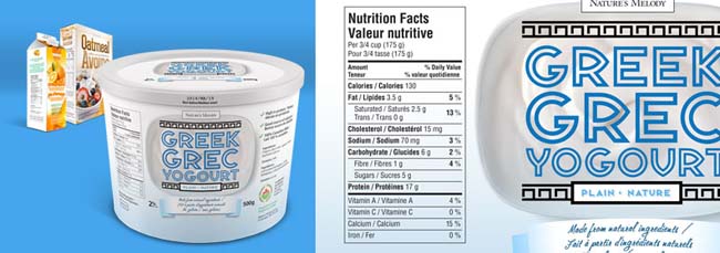 A 500 grams container of Greek yogourt at the front with a carton orange juice and a box of oatmeal cereal in the far back left corner. To the right is a closer view of the Nutrition Facts table on the Greek yogourt label.