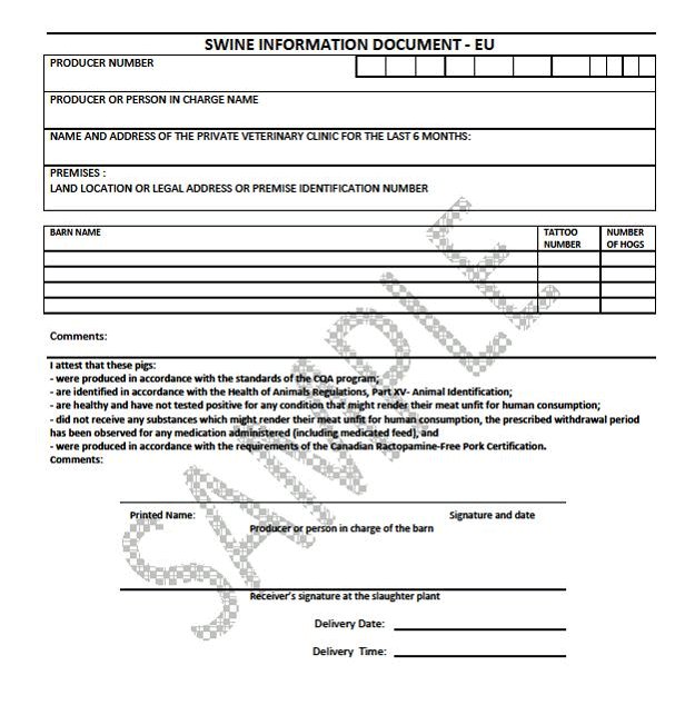 Sample form - Swine Information Document