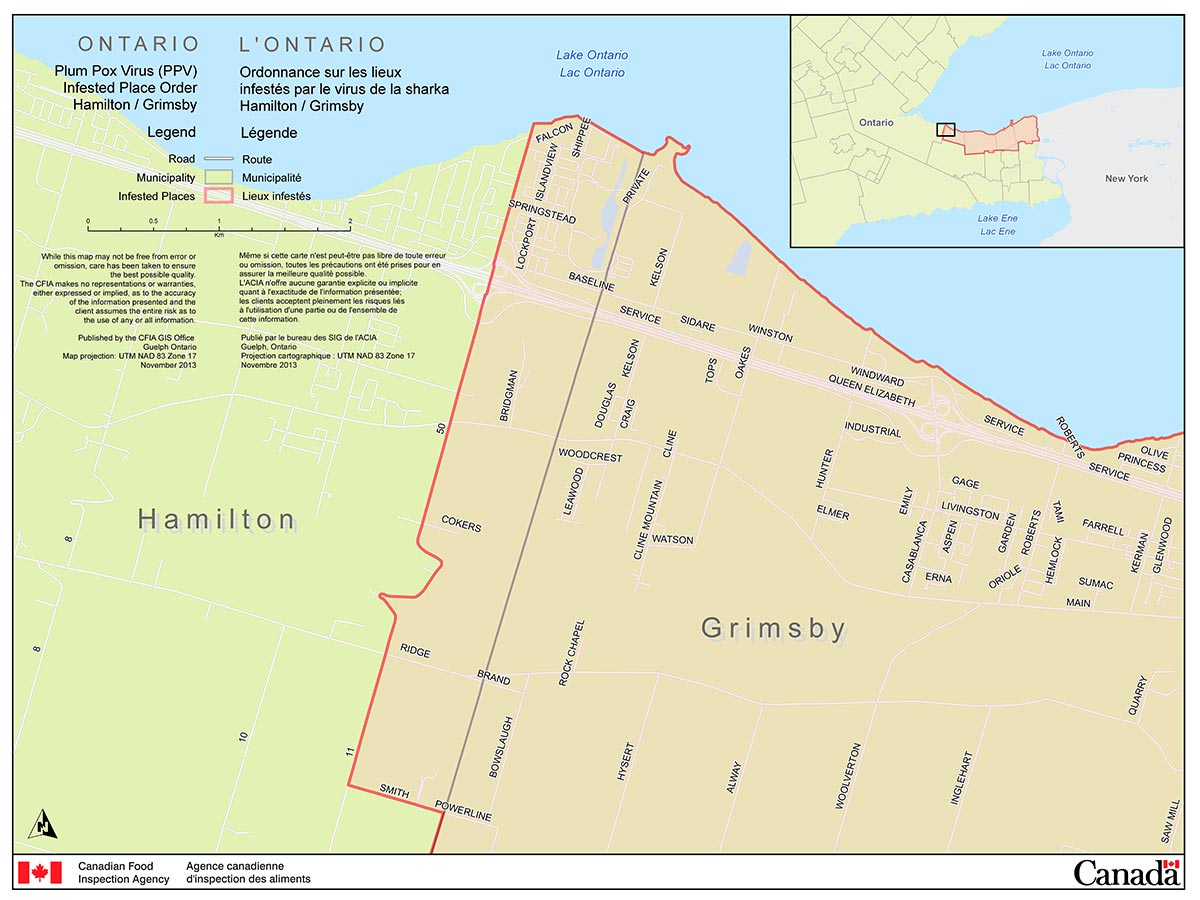 Map of the City of Hamilton Area (part of the Niagara Plum Pox Virus Infested Place). Description follows.