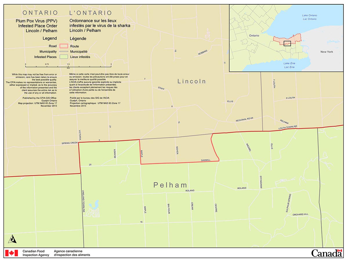 Map of the Town of Pelham Area (part of the Niagara Plum Pox Virus Infested Place). Description follows.