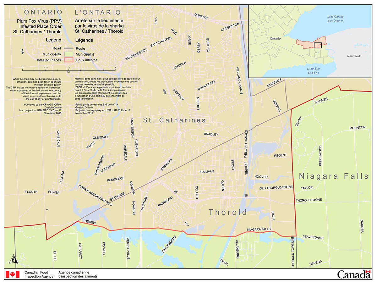 Map of the City of Thorold Area (part of the Niagara Plum Pox Virus Infested Place). Description follows.