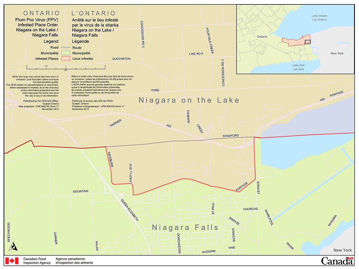 Map of the City of Niagara Falls Area (part of the Niagara Plum Pox Virus Infested Place). Description follows.