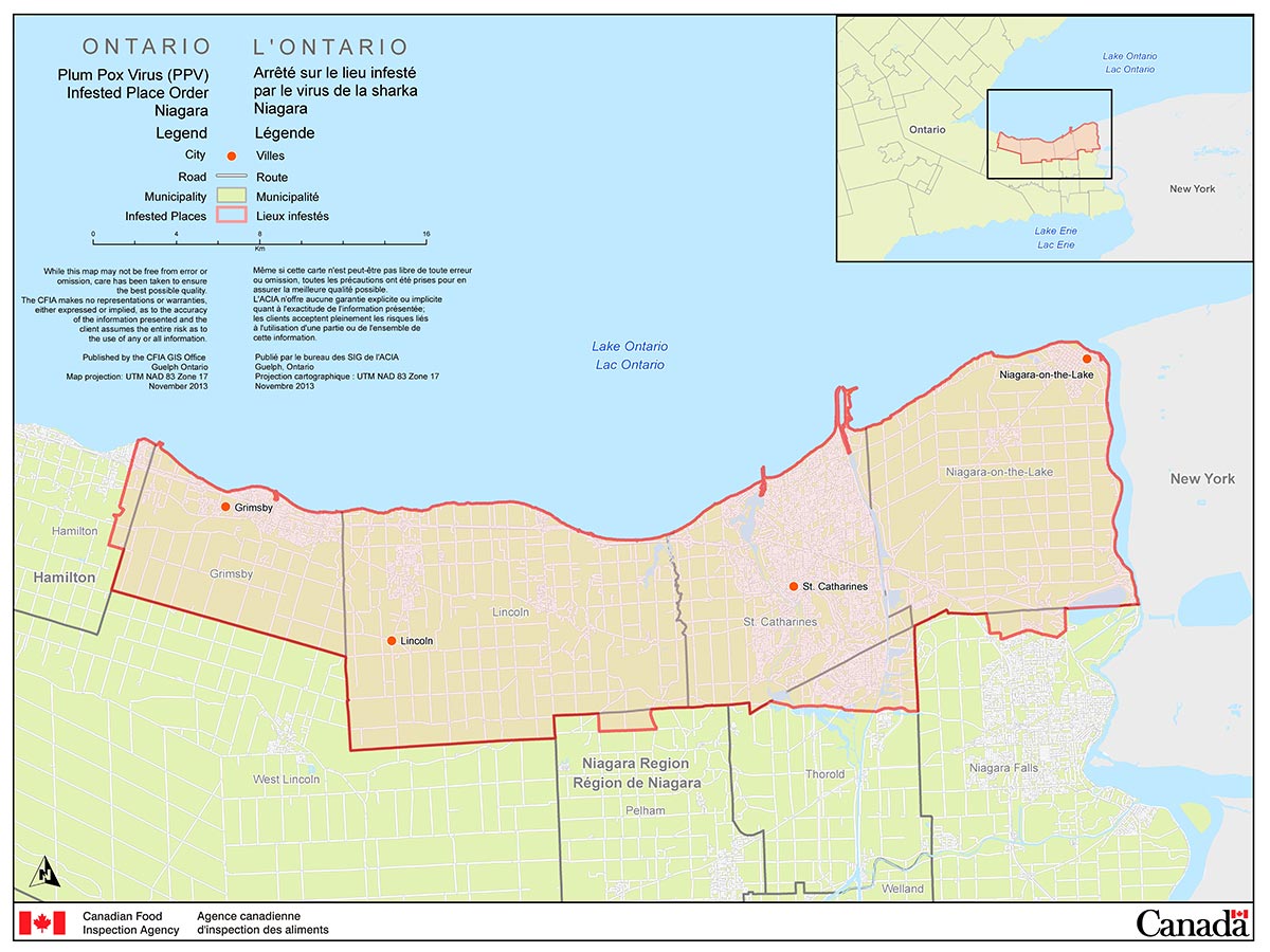 Map of the Niagara Plum Pox Virus Infested Place.  Description follows.