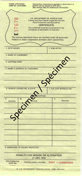 Image - United States Department of Agriculture – Animal and Plant Health Inspection Service-PPQ Certificate – Form PPQ-540. Description follows.