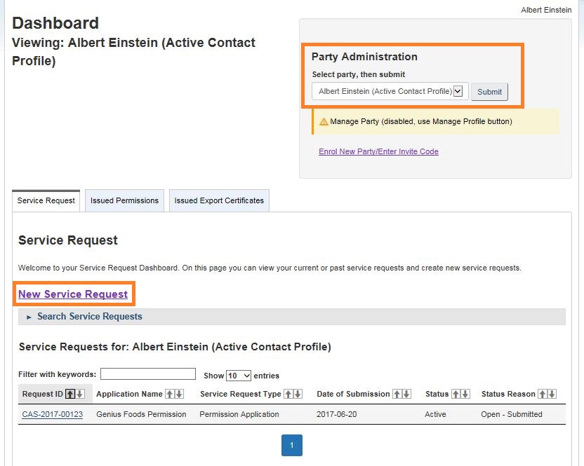 Screen capture of the My CFIA dashboard with Party Administration field circled and New Service Request button circled