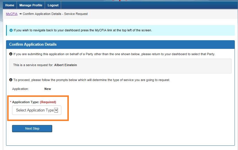 Screen capture of the Confirm Application Details page with the Application Type field circled
