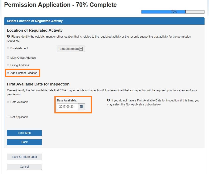 Screen capture of the Permission Application – Select Location of Regulated Activity screen. Description follows.