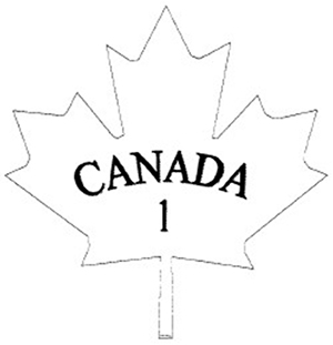 Outline of a maple leaf with the following text written and centered inside: the word CANADA in uppercase bold text, which is slightly curved, and below that, the number 1. The text CANADA 1 is the bilingual grade name of the dairy product.