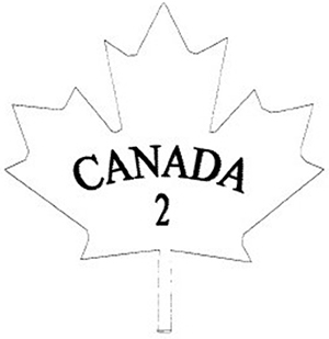Outline of a maple leaf with the following text written and centered inside: the word CANADA in uppercase bold text, which is slightly curved, and below that, the number 2. The text CANADA 2 is the bilingual grade name of the dairy product.