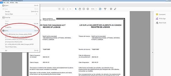 Capture d'écran du fichier téléchargé de la licence relative à la salubrité des aliments pour les Canadiens.