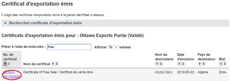 Capture d'écran du tableau de bord Certificat d'exportation émis. Description ci-dessous.