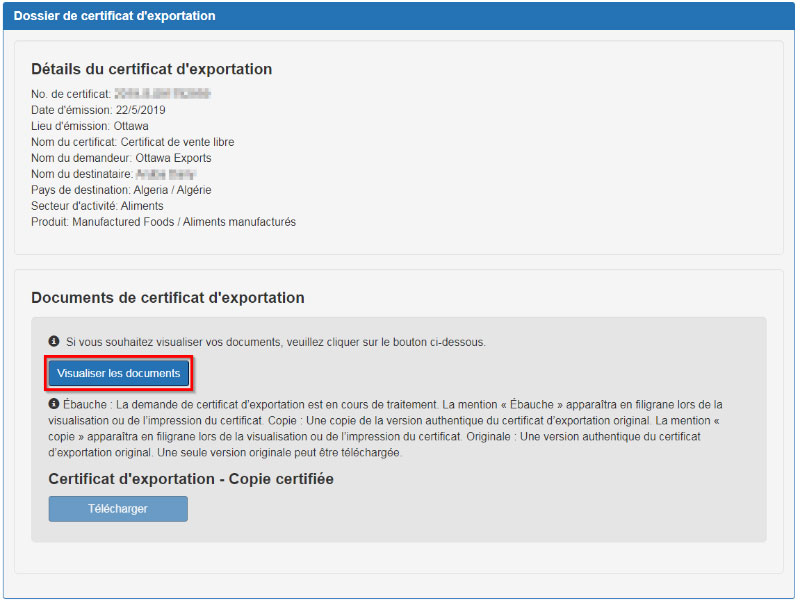 Capture d'écran de certificat d'exportation. Decription ci-dessous.
