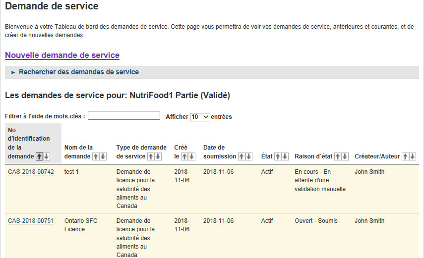 capture d'écran du tableau de bord des demandes de service. Une description suit.