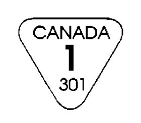 Outline of an inverted triangle with the following text written inside it and centered: the word CANADA, in uppercase bold font, below is written the number 1, and in the bottom is written the number 301. The text CANADA 1 is an example of the yield class, while the number 310 serves as an example of the grader's code number.