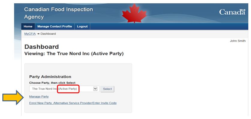 Screen capture of the "My CFIA" dashboard page, showing how to select the correct party from the drop down list.