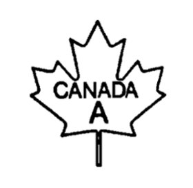 Outline of a maple leaf with the following text written inside and centered: the word CANADA, and below the letter A, all in uppercase bold font. The text CANADA A is the bilingual grade name of the poultry carcass.