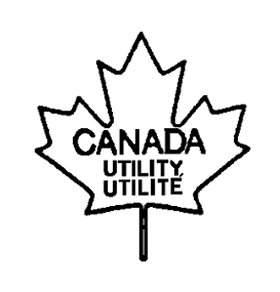 Outline of a maple leaf with the following text written and centered inside: the word CANADA, below the word UTILITY, and below the word UTILITÉ, all in uppercase bold font. The text CANADA UTILITY UTILITÉ is the bilingual grade name of the poultry carcass.