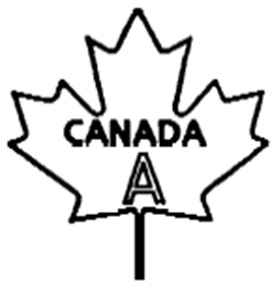 Outline of a maple leaf with the following text written and centered inside: the word CANADA in uppercase bold text, and below that, the letter A in uppercase outlined text. The text CANADA A is the bilingual grade name of the egg.