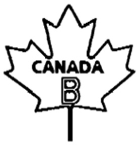 Outline of a maple leaf with the following text written and centered inside: the word CANADA in uppercase bold text, and below that, the letter B in uppercase outlined text. The text CANADA B is the bilingual grade name of the egg.