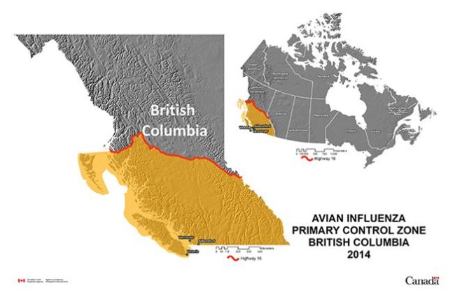 Picture - Map showing the Primary Control Zone in the Highly Pathogenic Avian Influenza outbreak in British Columbia, 2014. Description follows.