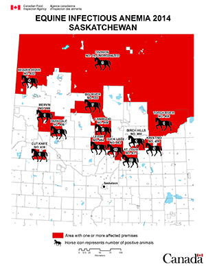 Map - Equine Infectious Anemia 2014, Saskatchewan. Description follows.