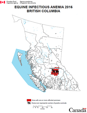 Map - Equine Infectious Anemia 2016, British Columbia. Description follows.