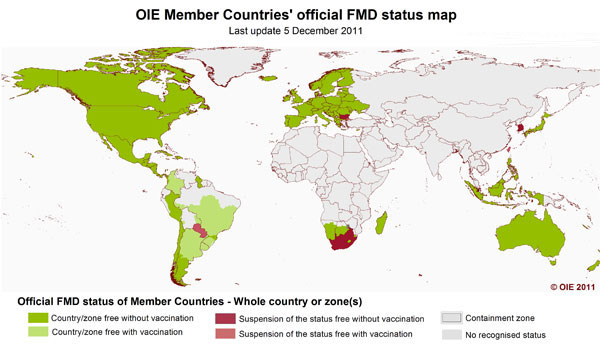 Carte des foyers d'éclosion de fièvre aphteuse dans le monde en 2011. Description ci-dessous.