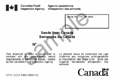 Image of Sample Seed Export Label number CFIA/ACIA 5309. Description follows.