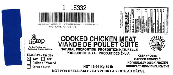 Tip Top Poultry, Inc. Cooked Chicken Meat, Natural Proportion (1/2" Diced) (#15332)&nbsp;&ndash; 13.64 kg
