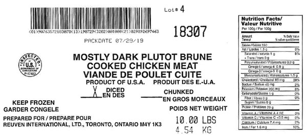 Reuven International Ltd., «&nbsp;Plutôt brune, viande de poulet cuite (en dés)&nbsp;» (# 18307)&nbsp;&ndash; 4,54 kg