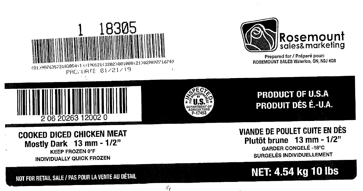Rosemount Ventes et marketing - Viande de poulet cuite plutôt brune en dés de 13 mm – ½ po (#18305)