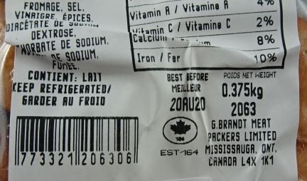 Brandt – Mini-saucisson au fromage épicé – 0.375 kg (verso)