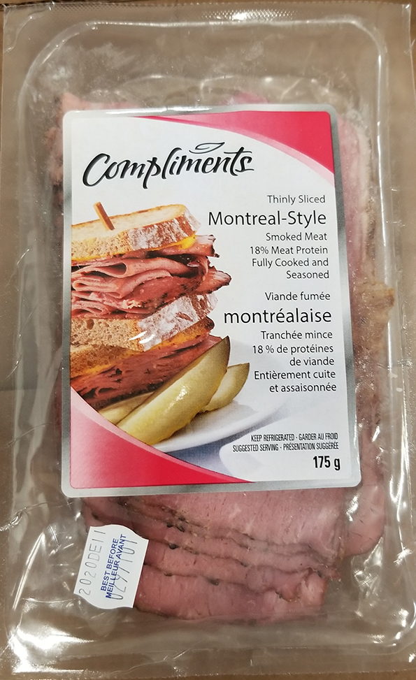 Compliments viande fumée montréalaise 175 g - panneau avant avec autocollant 